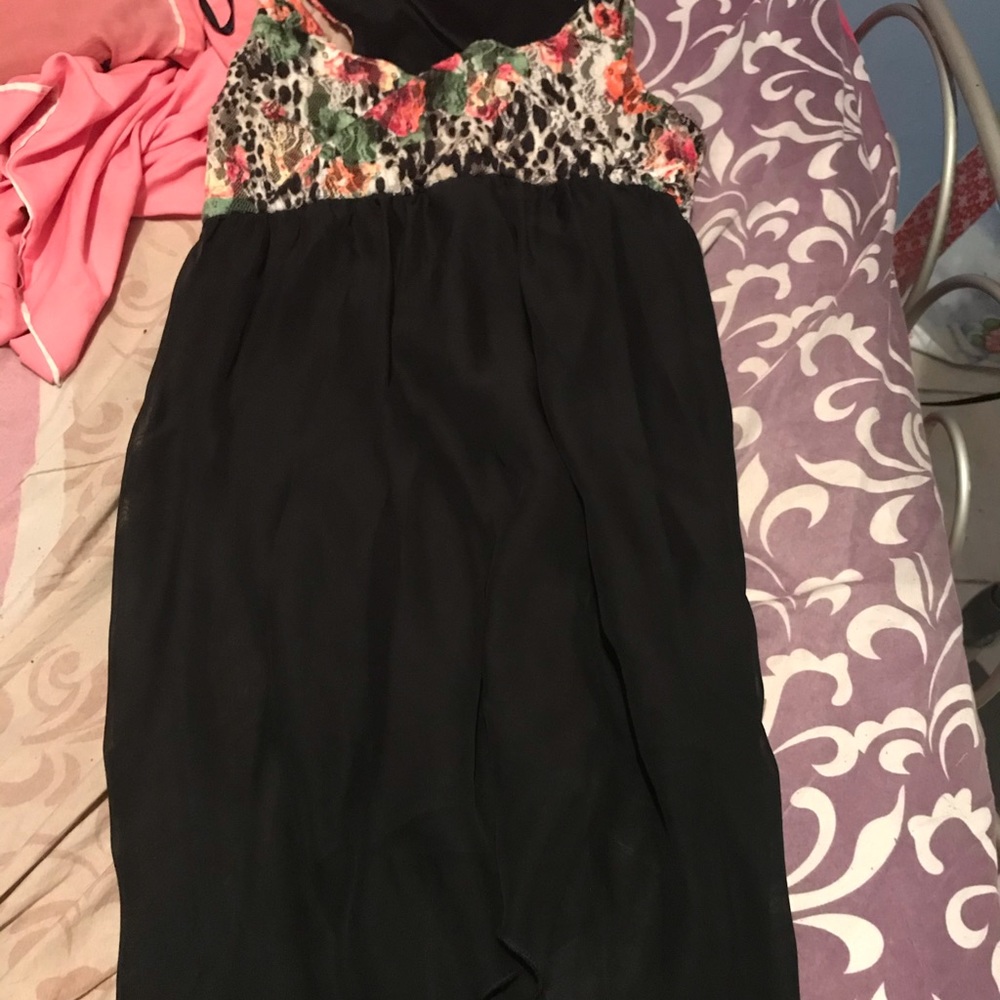 flower top and black at the bottom high low dress